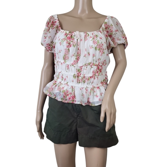 Japna Puff Sleeve Pleated Gathered Pink Floral Blouse - Picture 1 of 4